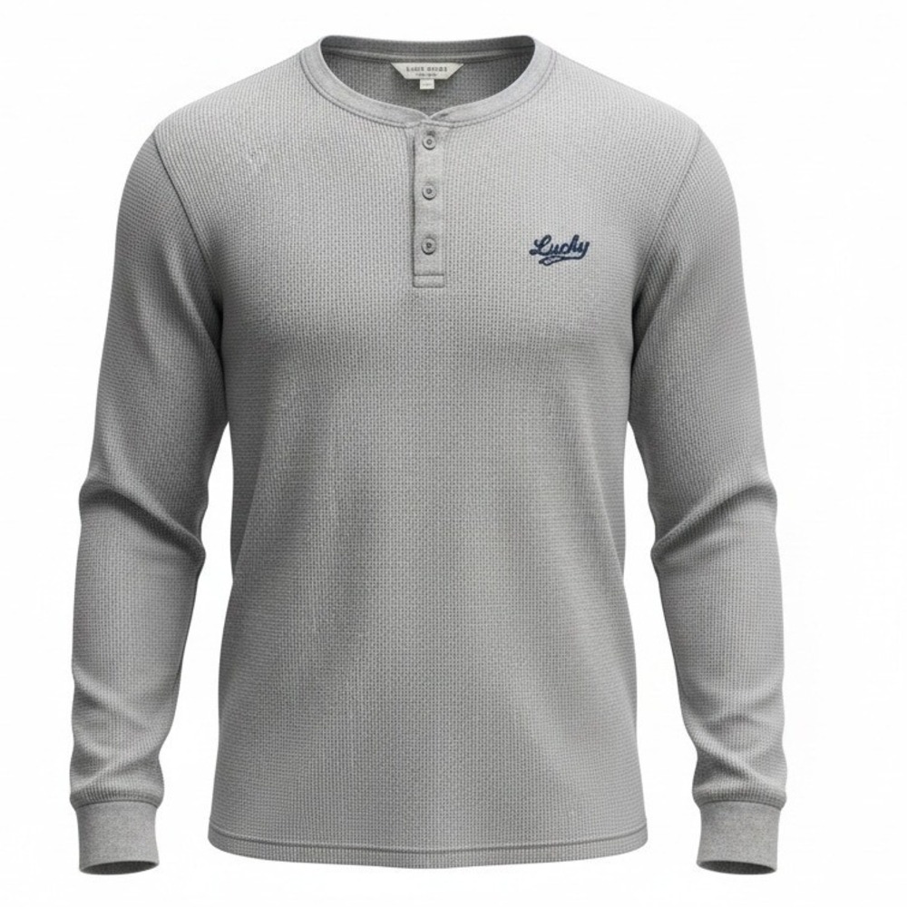 Lucky Brand Mens XL Grey Waffle Knit Long Sleeve Henley Sleepwear Shirt